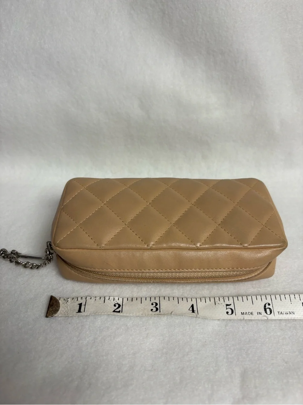 CHANEL Beige CAMBON Leather Pencil Case Make Up Pouch Orange Interior